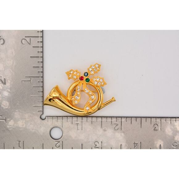 Merksamer Vintage Horn Pin Brooch Rhinestone Crystal Gold Tone Signed 90s BinAT - Picture 12 of 12